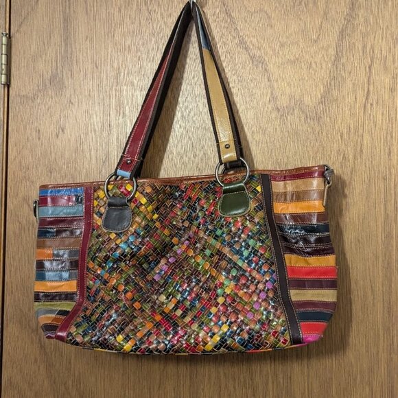 Ameri Leather Woven Tote Shoulder Bag Hobo Colorful Large with wallet - Picture 3 of 5